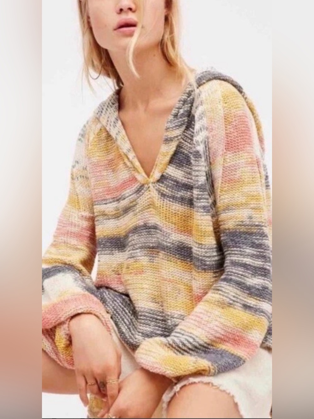 Free People Snowcone Oversized Striped V-Neck Knit Sweater Multi Color Sz Small